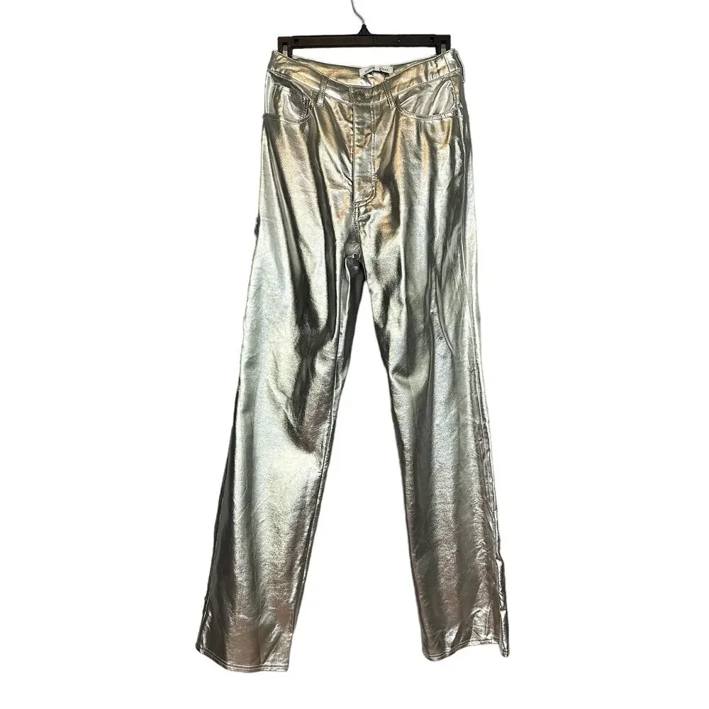 WeWoreWhat Silver Straight Leg Jeans Size 26 Faux Leather High Rise $148 NEW - Picture 5 of 9